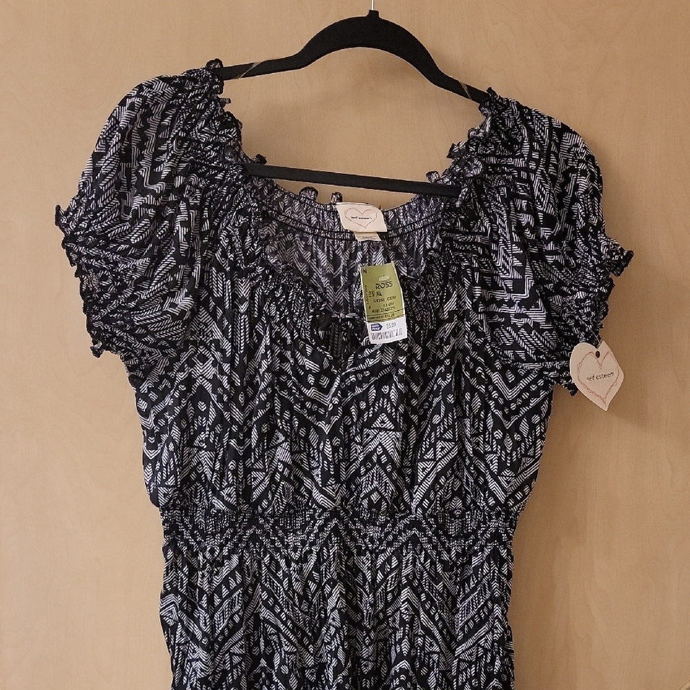 Self Esteem Black and White Smocked Ruffled Blouse
